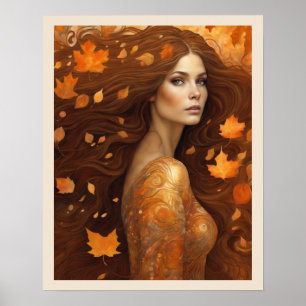 Fall Wind Woman in Orange Leaves Art Nuevo Print