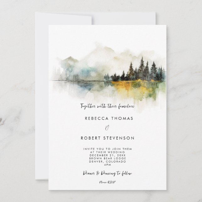fall winter mountain lake wedding invitation (Front)