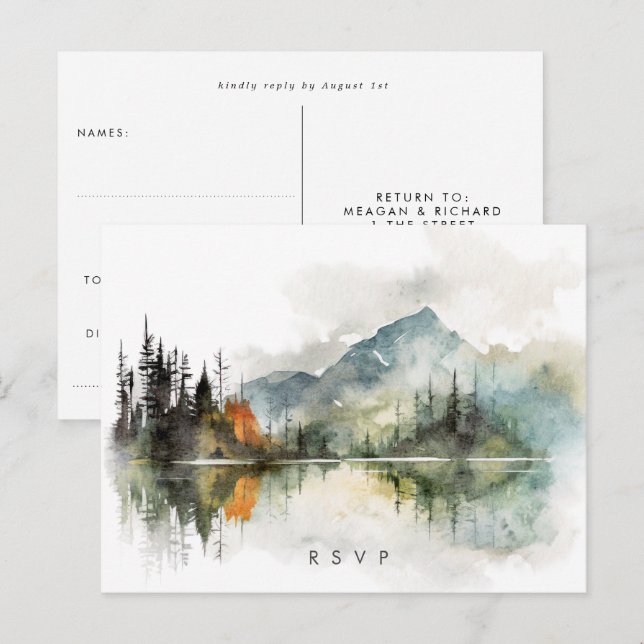 fall winter rustic forest wedding rsvp postcard (Front/Back)