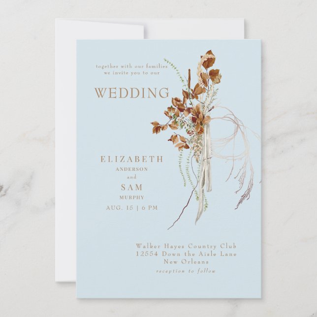 Fall Wispy Boho Sky Blue Together with Wedding Invitation (Front)
