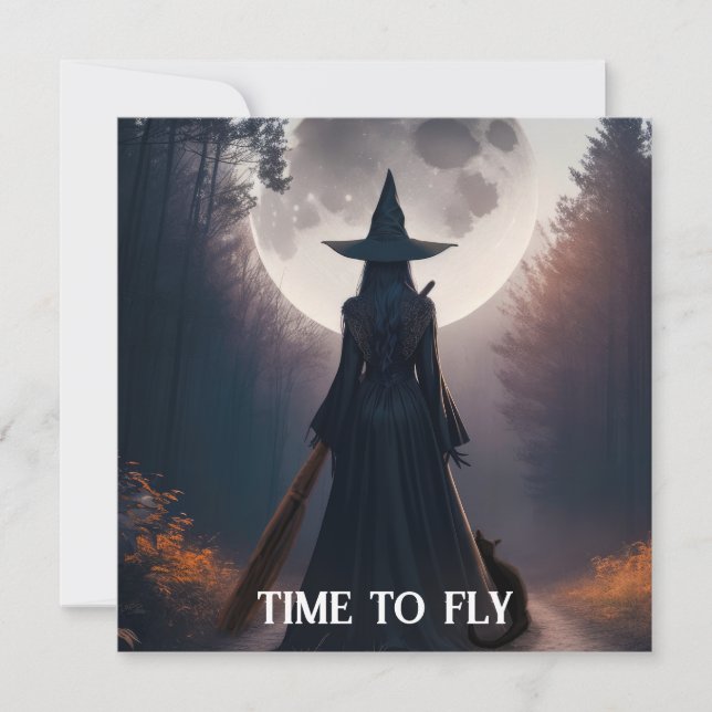 Fall Witch Landscape With Full Moon Black Cat Card (Front)