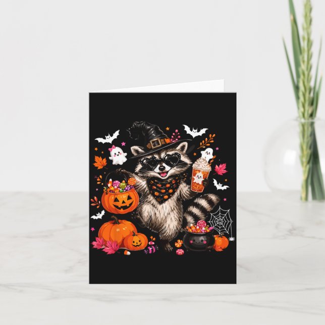 Fall witch racoon halloween racoon drinking card (Front)