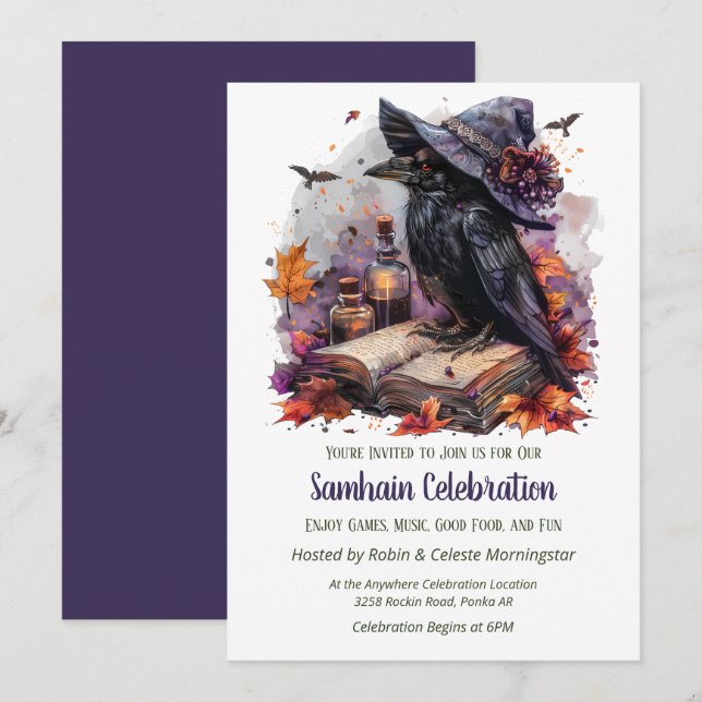 Fall Witch Raven Samhain Spooky Halloween Party Invitation (Front/Back)