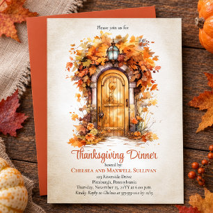 Fall Wood Door Leaves Thanksgiving Dinner Party Invitation