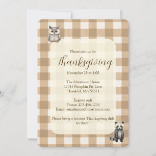 Fall Woodland Animals Brown Gingham Thanksgiving Invitation