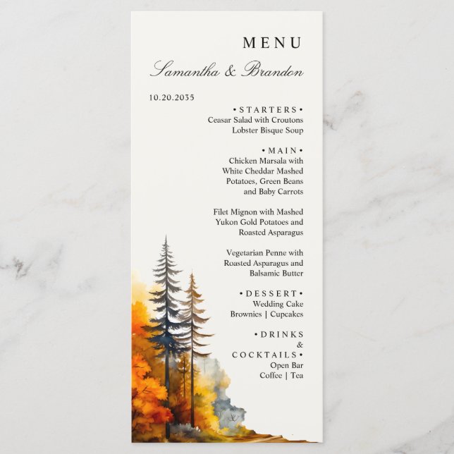 Fall Woodland, Autumn Forest Wedding Dinner Menu (Front)