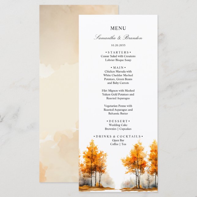 Fall Woodland, Autumn Forest Wedding Menu (Front/Back)