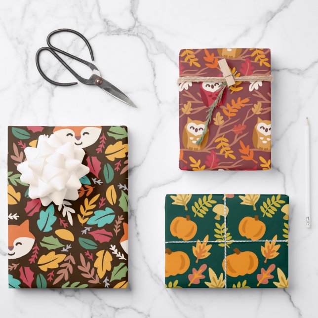 Fall Woodland Autumn Fox Owl Pumpkin Wrapping Paper Sheet (Front)