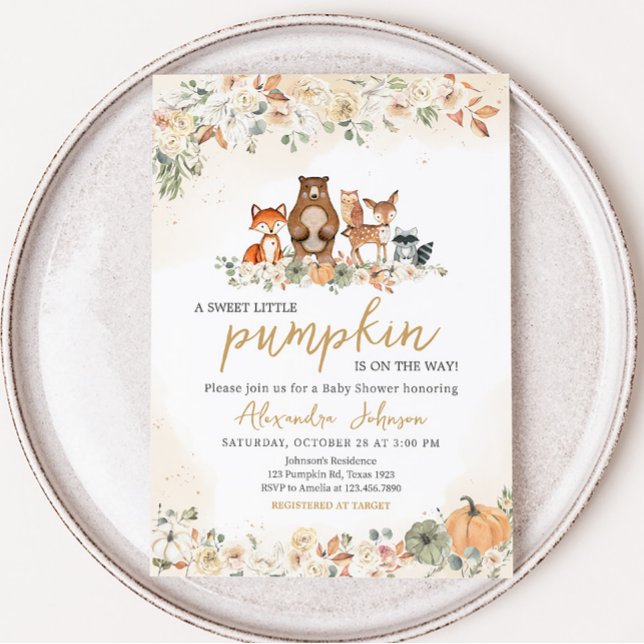 Fall Woodland Baby Shower Invitation (Woodland Animals Fall Pumpkin Baby Shower Invitation)