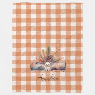 Fall Woodland Bear Rustic Gingham Personalised Fleece Blanket
