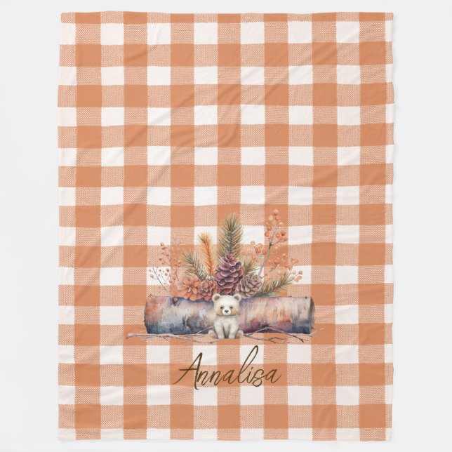 Fall Woodland Bear Rustic Gingham Personalised  Fleece Blanket (Front)