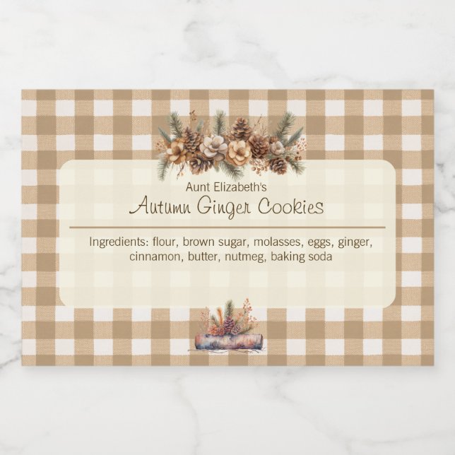 Fall Woodland Botanicals Brown Gingham  Food Label (Single Label)