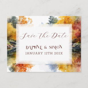 Fall Woodland Bridge Wedding Announcement Postcard