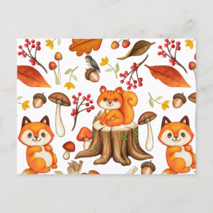 Fall Woodland Cute Animals and Orange Leaves Postcard