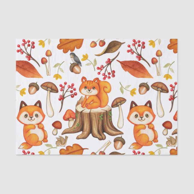 Fall Woodland Cute Animals and Orange Leaves Tissue Paper (Front)