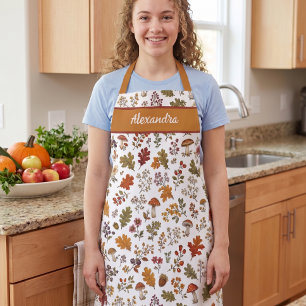 Fall Woodland Leaves Mushroom Flower Custom Name Apron