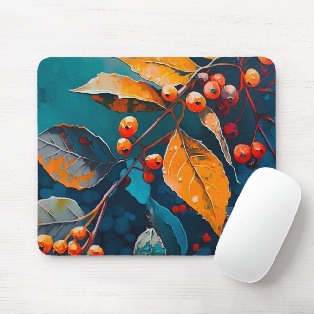 Fall woodland leaves. Nature autumn floral berry Mouse Mat (With Mouse)