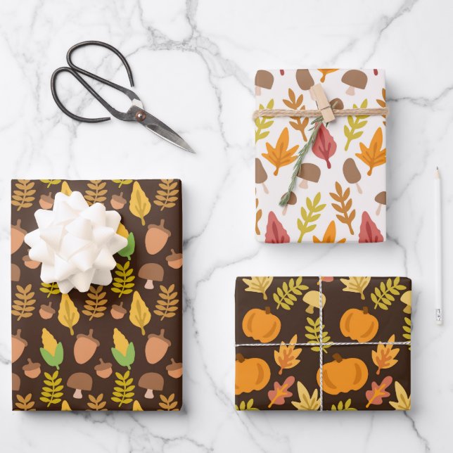 Fall Woodland Leaves Pumpkin Thanksgiving Wrapping Paper Sheet (Front)