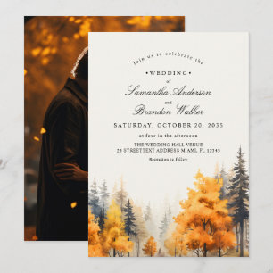 Fall Woodland, Pine Trees Photo Wedding Invitation