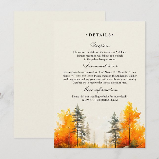 Fall Woodland, Pine trees wedding Details Enclosure Card (Front/Back)