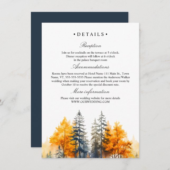 Fall Woodland, Pine trees wedding Details Enclosure Card (Front/Back)
