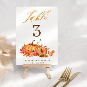 Fall Woodland Pumpkins & Squirrel Script Wedding  Table Number