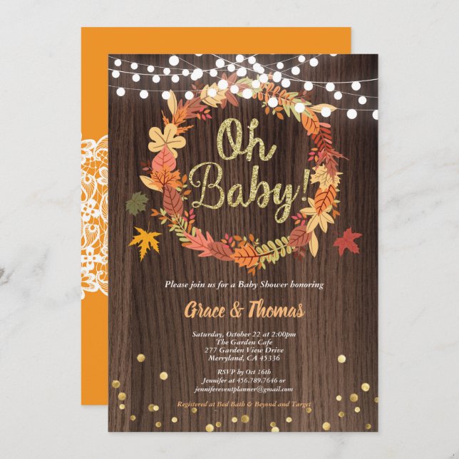 Fall wreath baby shower rustic wood thanksgiving invitation (Front/Back)