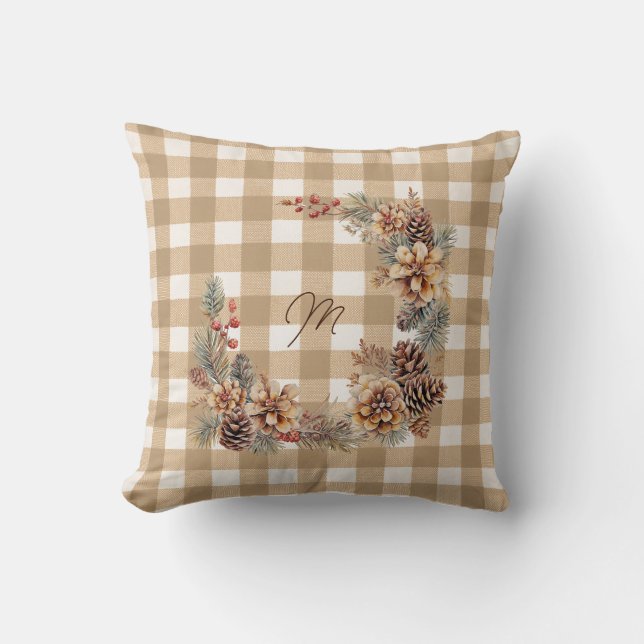 Fall Wreath Brown Gingham Monogram  Cushion (Front)
