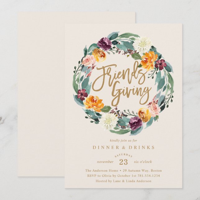 Fall Wreath Friends Giving Dinner Party Invitation (Front/Back)