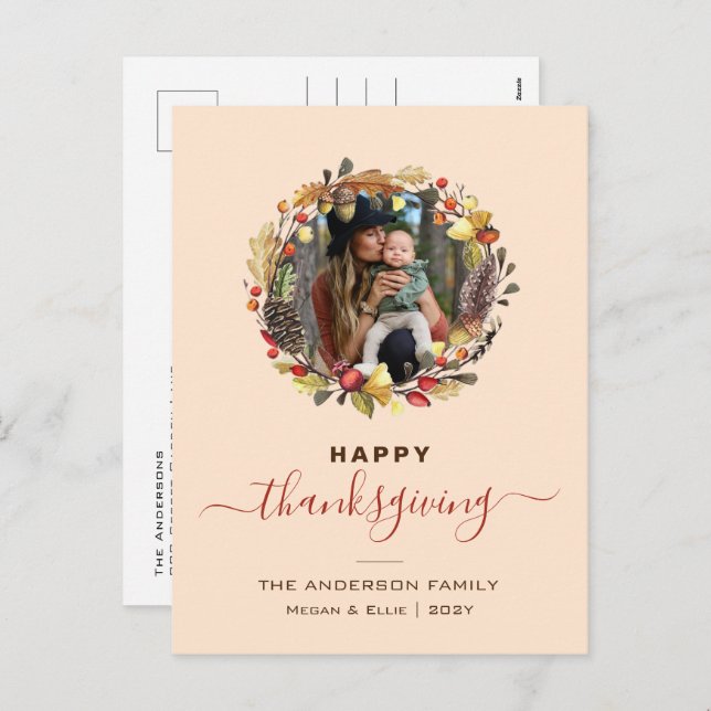 Fall Wreath Modern Thanksgiving Photo Holiday Postcard (Front/Back)