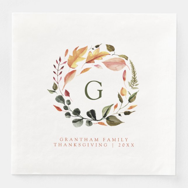 Fall Wreath Monogram Family Thanksgiving Napkin (Front)