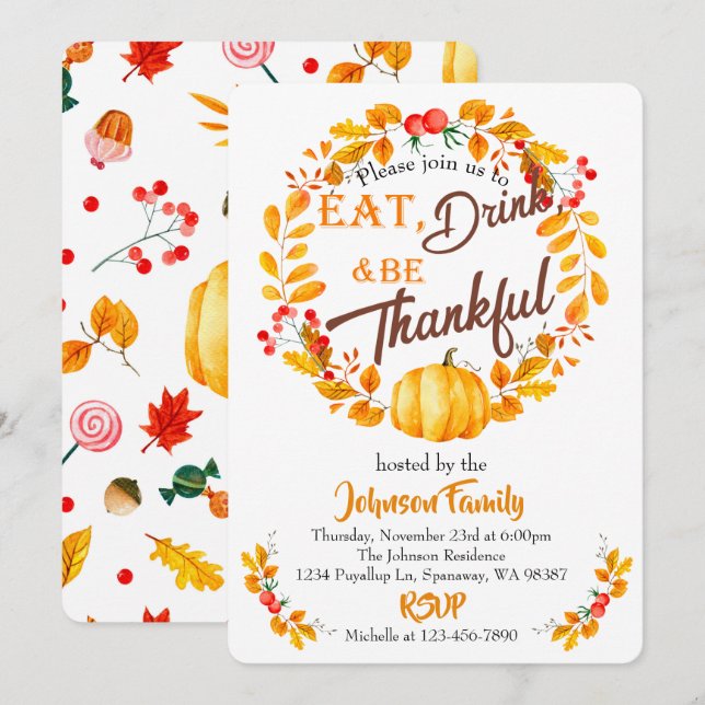Fall Wreath Thanksgiving Dinner Invitation (Front/Back)