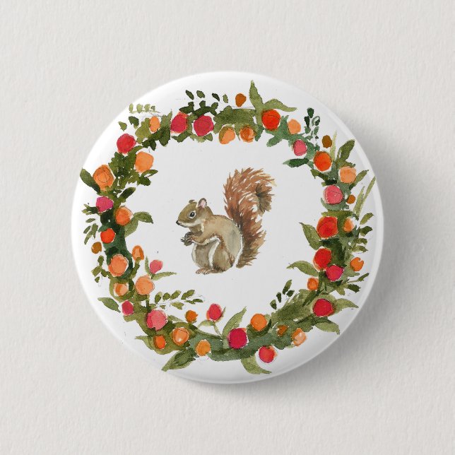 Fall wreath with squirrel watercolour 6 cm round badge (Front)