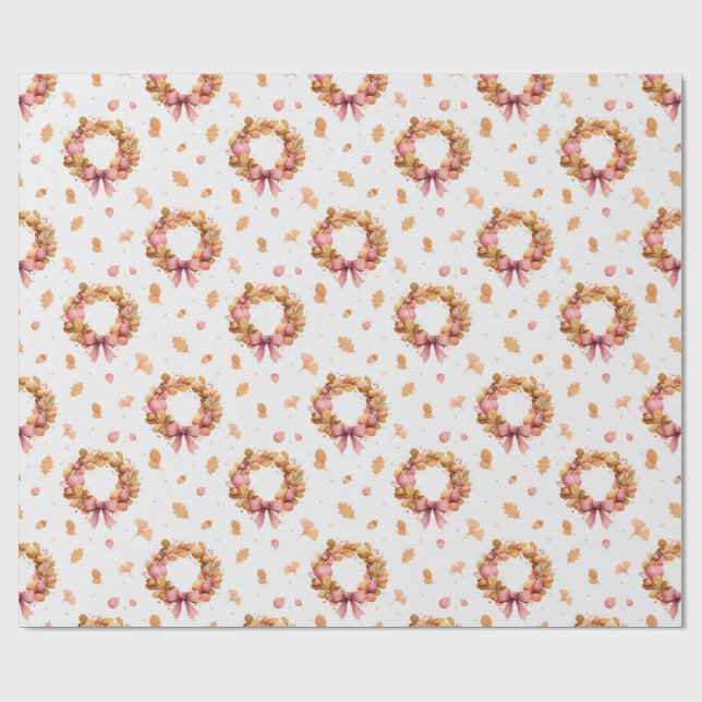 Fall Wreaths Watercolor Wrapping Paper – Pink Bows (Flat)