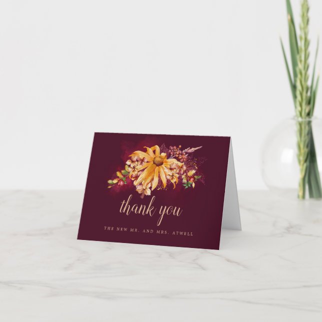 Fall Yellow Sunflower Burgundy Wedding Photo Thank You Card (Front)