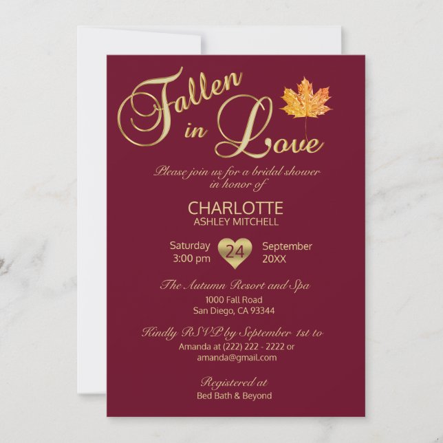 Fallen in Love Autumn Burgundy Red Bridal Shower Invitation (Front)