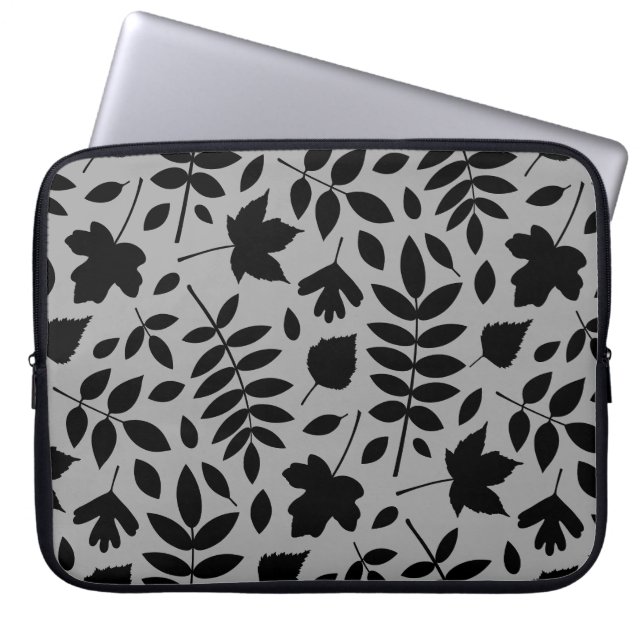 Fallen Leaves Big Pattern Black on Grey Laptop Sleeve (Front)
