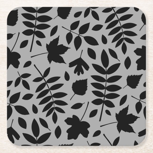 Fallen Leaves Big Pattern Black on Grey Square Paper Coaster (Front)