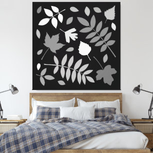 Fallen Leaves Design Greys White Black Canvas Print