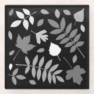 Fallen Leaves Design Greys White Black Glass Coaster