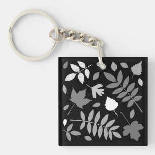 Fallen Leaves Design Greys White Black Key Ring