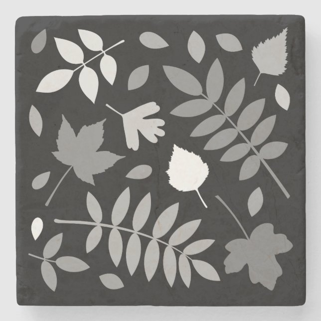 Fallen Leaves Design Greys White Black Stone Coaster (Front)