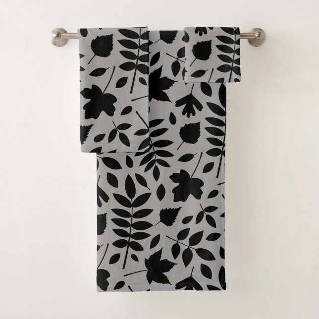 Fallen Leaves Lg Pattern Black on Grey Bath Towel Set (Insitu)