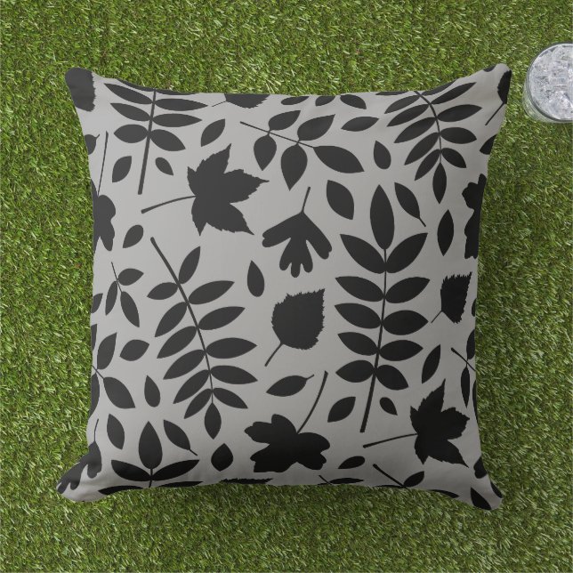 Fallen Leaves Lg Pattern Black on Grey Cushion (Grass)