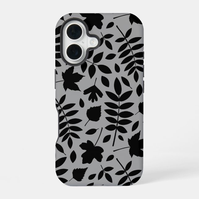 Fallen Leaves Lg Pattern Black on Grey iPhone 16 Case (Back)
