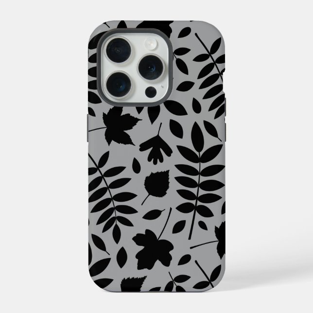 Fallen Leaves Lg Pattern Black on Grey iPhone Case (Back)