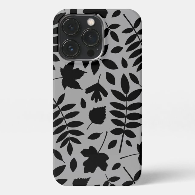 Fallen Leaves Lg Pattern Black on Grey iPhone Case (Back)