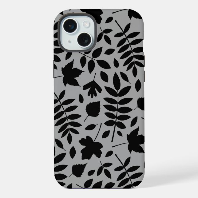Fallen Leaves Lg Pattern Black on Grey iPhone Case (Back)