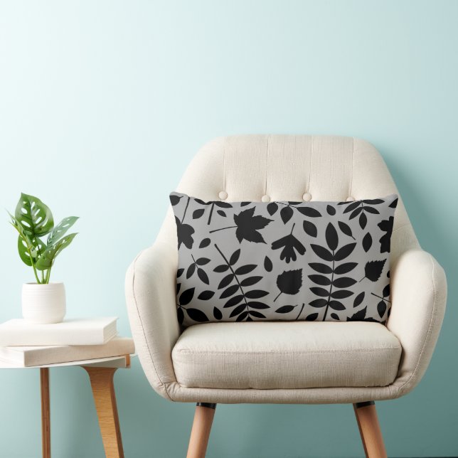 Fallen Leaves Lg Pattern Black on Grey Lumbar Cushion (Chair)