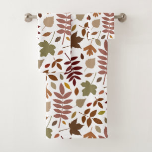 Fallen Leaves Lg Pattern Fall Colours on White Bath Towel Set